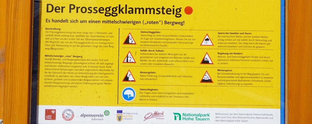 Abenteuer Prosseggklamm - und Tipps für Osttirols schönste Klammen 2 hinweisschild sicherheit prosseggklammsteig 2
